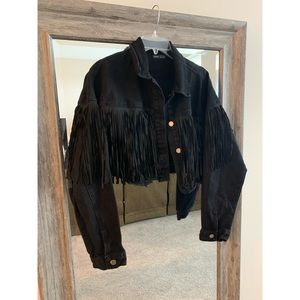 Fringe Crop Black Denim Jacket